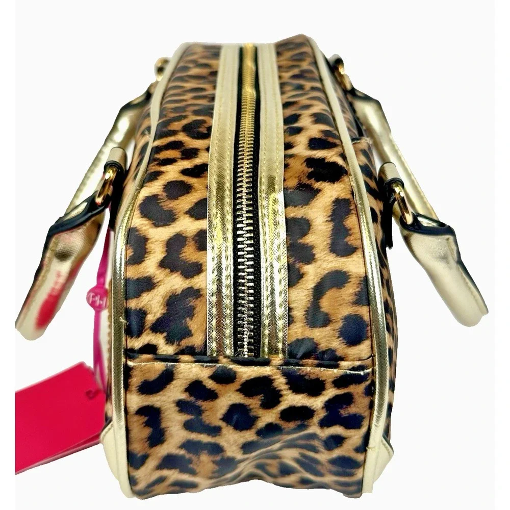 Paris Hilton Leopard Bowler Bag Rhinestone Logo Gold Heart Charm‎ Y2K